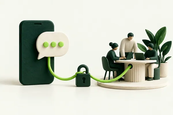 A forest-green phone and conversation bubble joined to a team workspace by a lime connection.