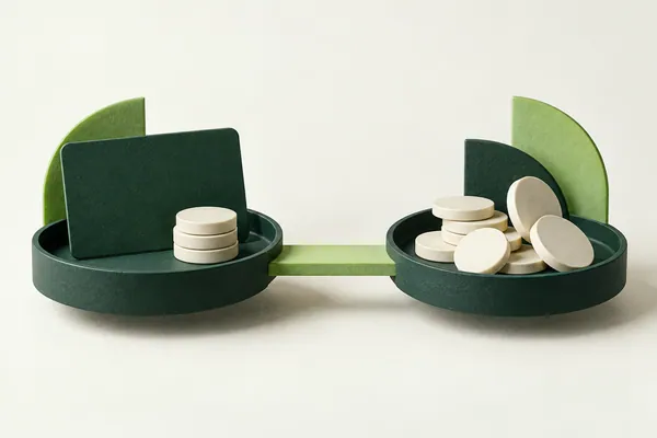Two separate forest-green payment trays with an unnumbered business card and ivory coins.