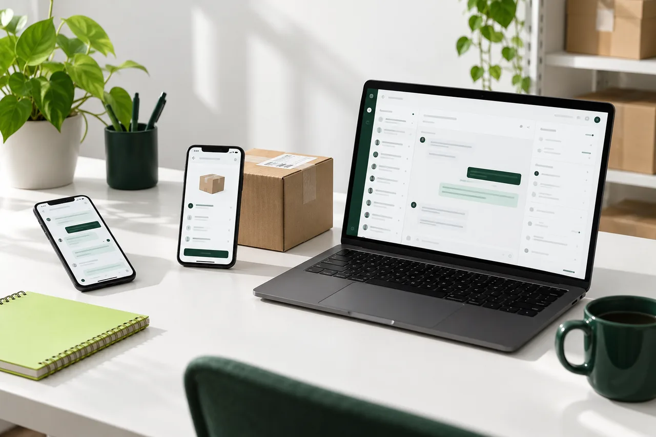 Two phones and a laptop on a business desk, showing the shift from individual chats to a shared customer workspace.