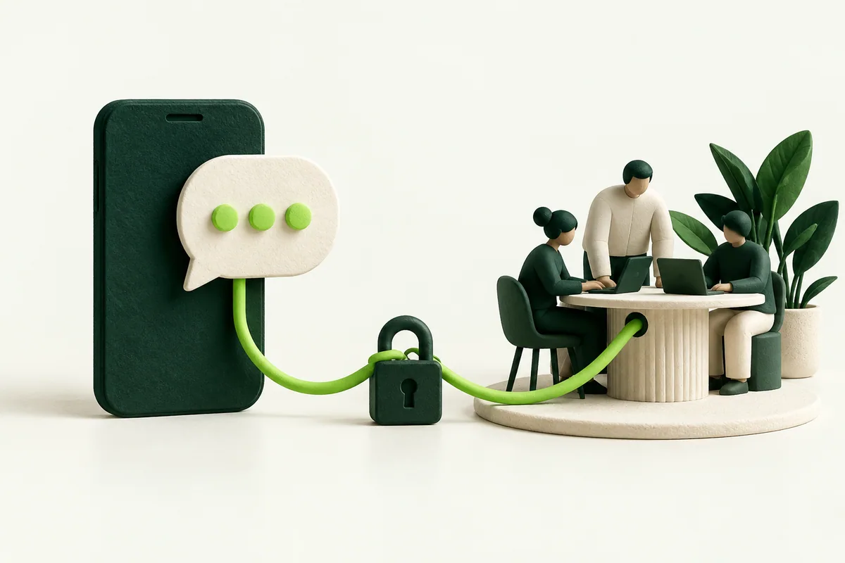 A forest-green phone and conversation bubble joined to a team workspace by a lime connection.