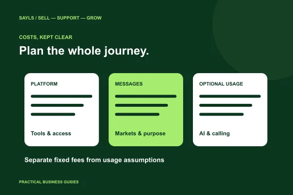 Three separate brand-colour budget columns for platform, messages and optional services, with a planning worksheet.