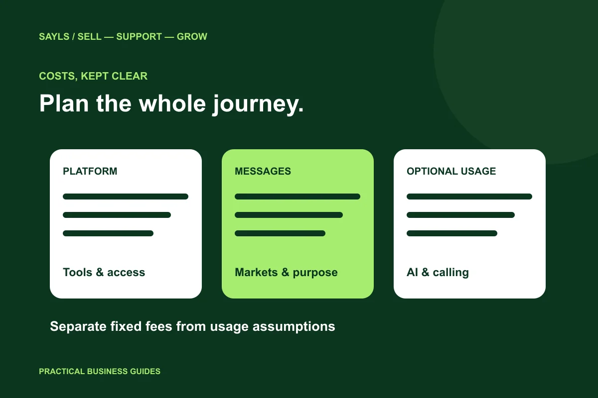 Three separate brand-colour budget columns for platform, messages and optional services, with a planning worksheet.