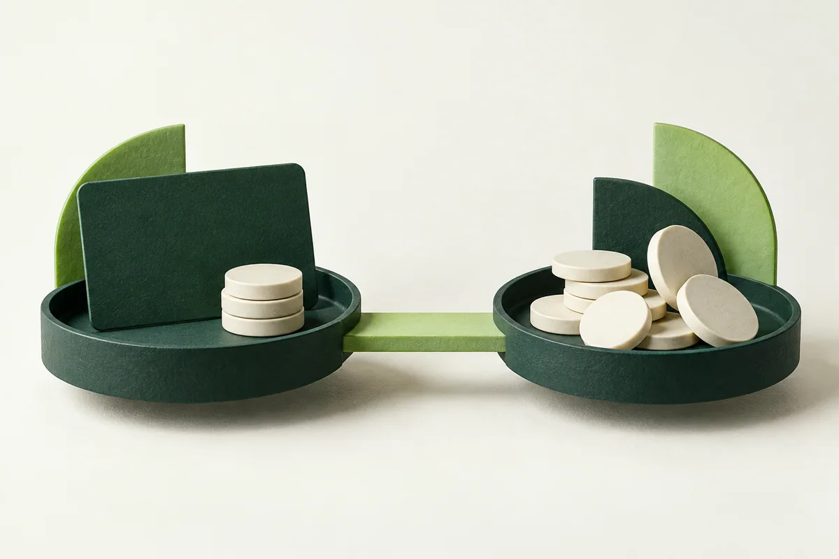 Two separate forest-green payment trays with an unnumbered business card and ivory coins.