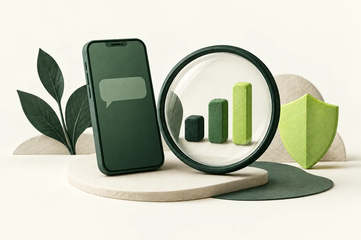 A modern forest-green phone beside a monitoring lens, signal bars and a lime shield tile.