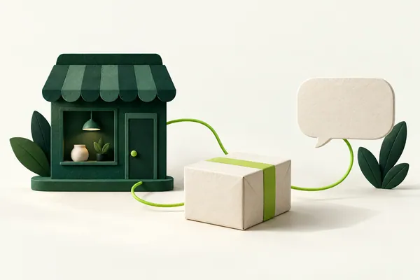 A forest-green storefront and ivory order parcel connected to a conversation bubble by a lime path.