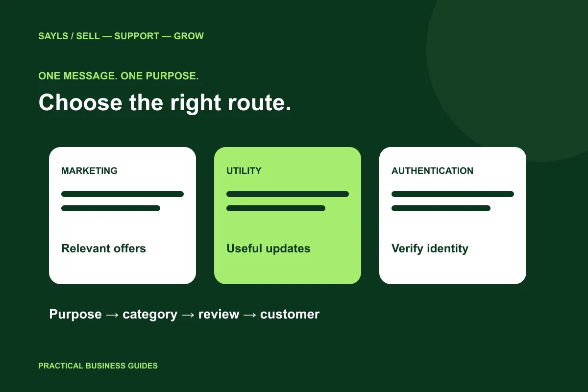 Three distinct message routes labelled marketing, utility and authentication beside a template review card.