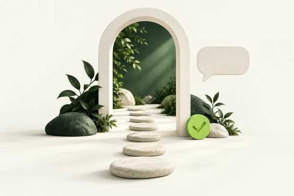 An ivory doorway with stepping stones and a lime check token, illustrating a clear first week.