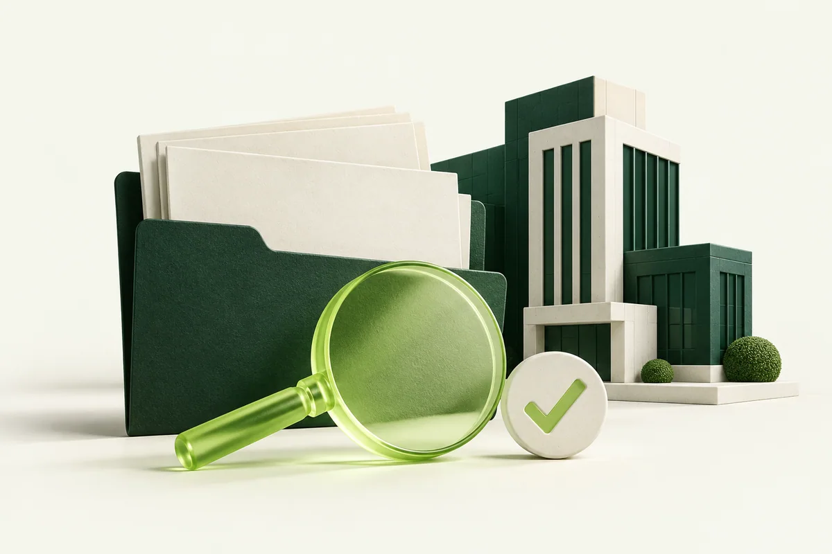 A folder of blank business documents beside a business building, magnifying lens and check token.