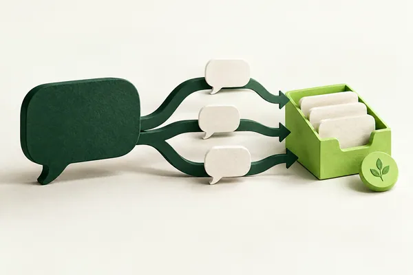 Conversation bubbles follow branching forest-green paths into an organised lime inbox tray.