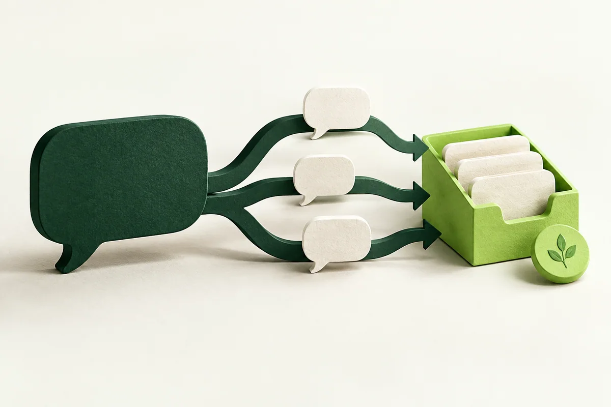 Conversation bubbles follow branching forest-green paths into an organised lime inbox tray.